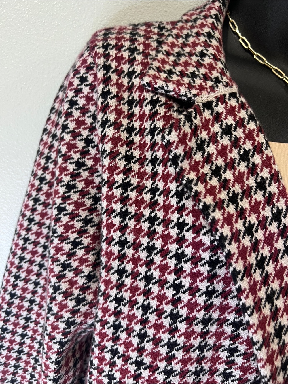 Sincerely Jules Women’s L Houndstooth Knit Blazer Burgundy Black Open Front - Picture 4 of 10